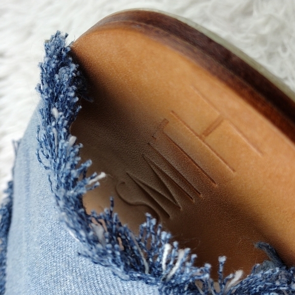 James Smith Blue Leather Fray Denim Fabric Upper Open Toe Slide Flat Sandal Shoe - Picture 12 of 15